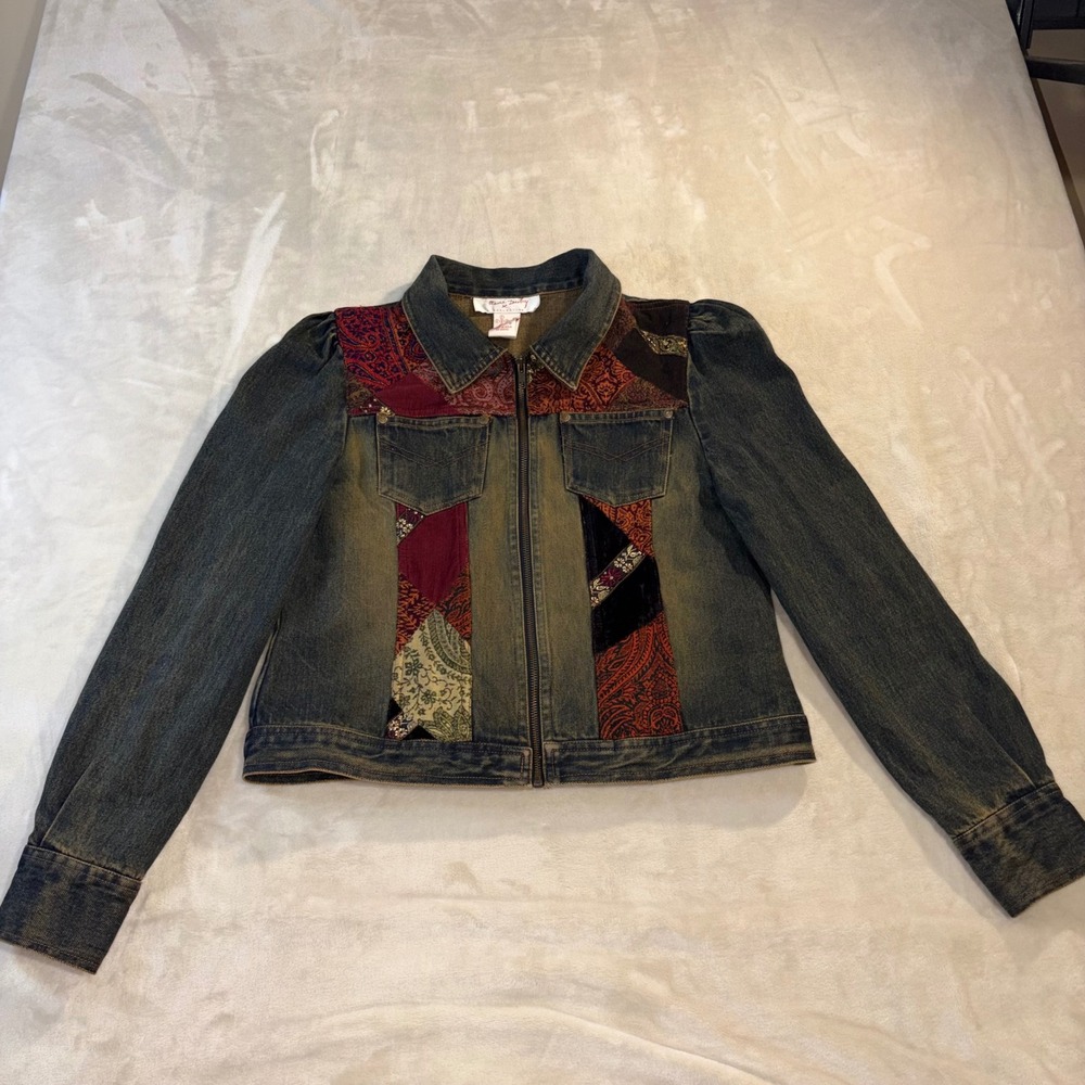 Rene Derby Y2K Patchwork Denim Jacket Womens 10 Boho Paisley Zip Up Blue